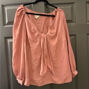 Lightweight Dusty Rose Tie-Front Peasant Blouse - Women
